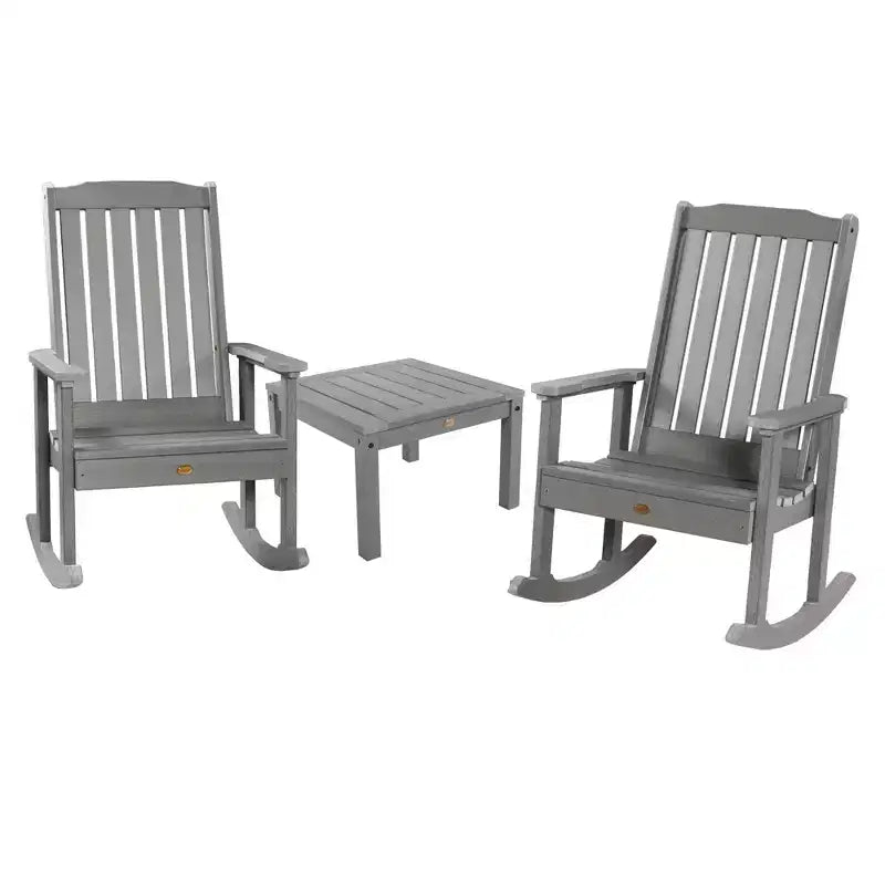 Lehigh 2pk Rocking Chairs with 1 Adirondack Side Table Coastal Teak Gray- Highwood: Outdoor Patio Furniture Set