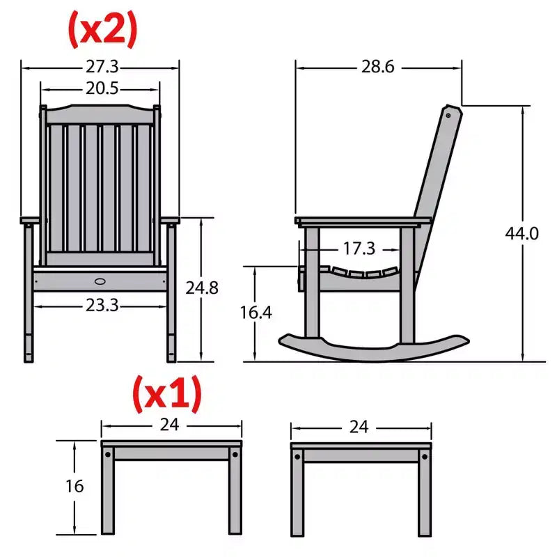 Set da esterno Lehigh 2 sedie a dondolo con 1 tavolino laterale Adirondack in teak costiero grigio - Highwood: Set mobili da giardino