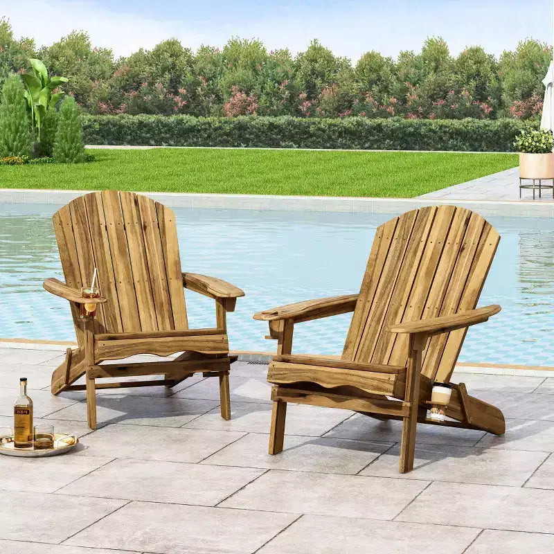 Set di 2 sedie Adirondack pieghevoli da esterno Bellwood in legno di acacia naturale - Christopher Knight Home: Resistenti alle intemperie con portabicchieri