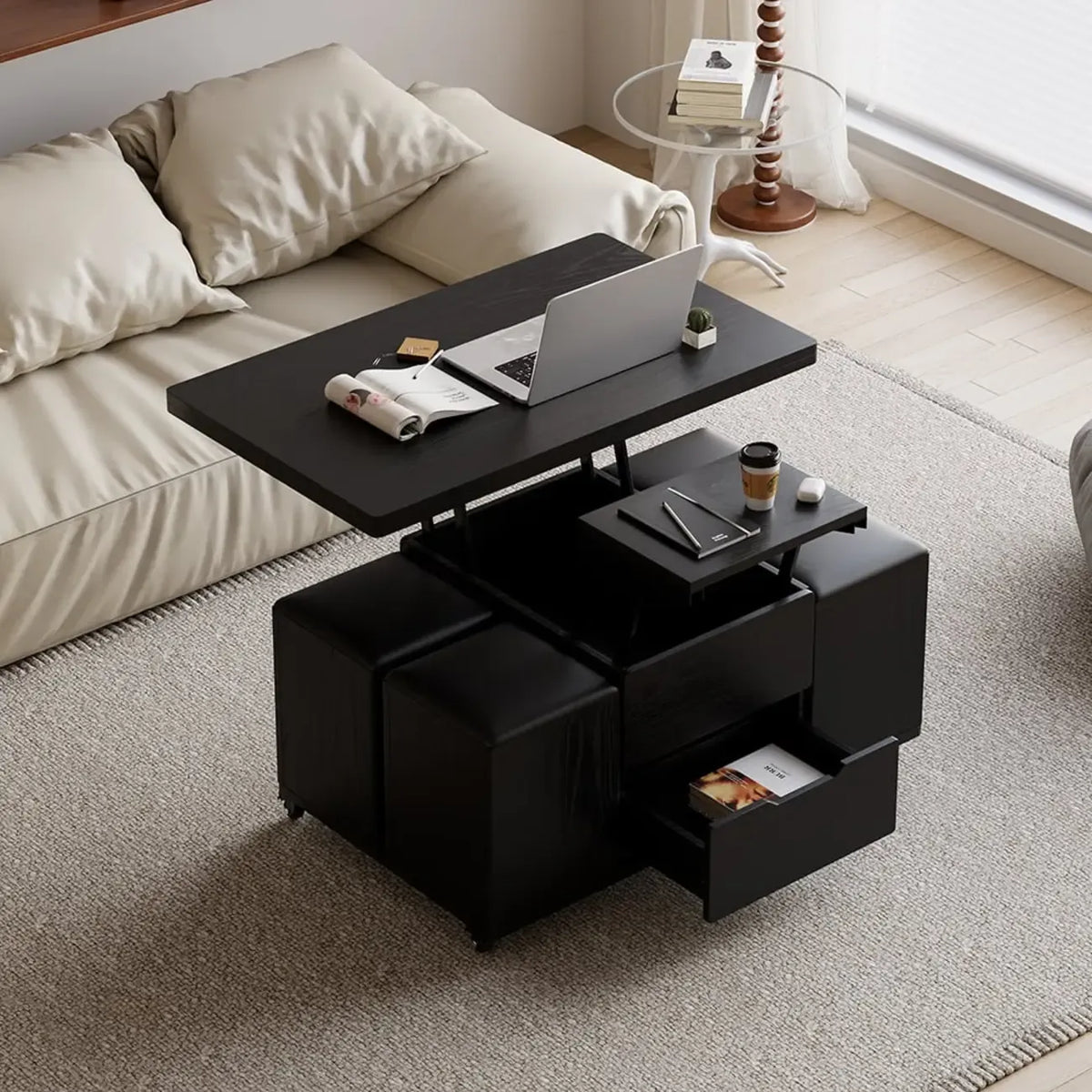 Foldable Lift-Top Coffee Table with 4 Stools & Storage