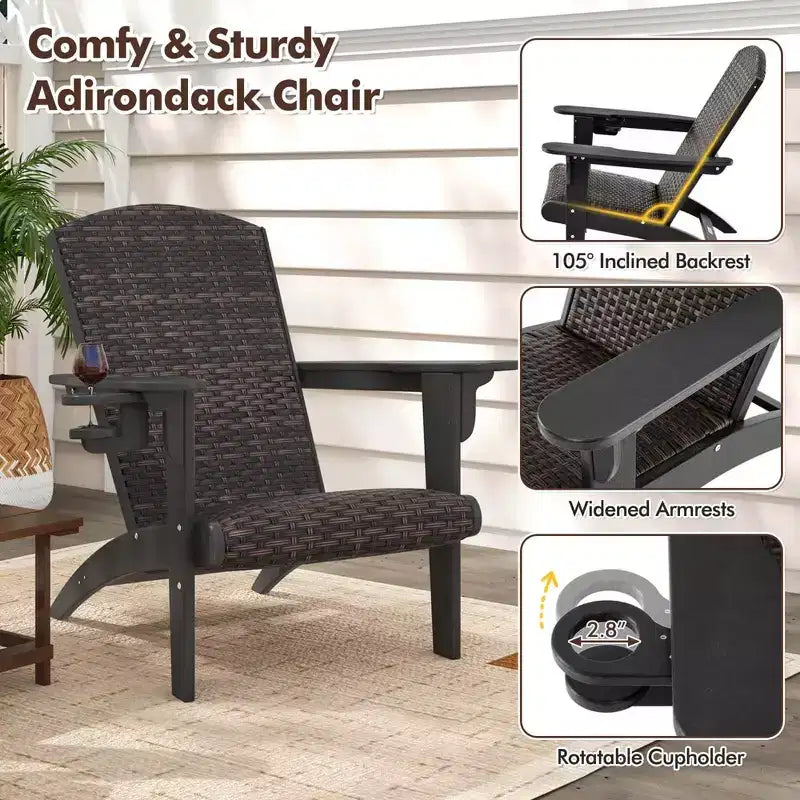 Fauteuil de jardin Adirondack Costway avec assise rembourrée en rotin, accoudoirs larges et porte-gobelet caché Noir/Marron/Gris/Blanc