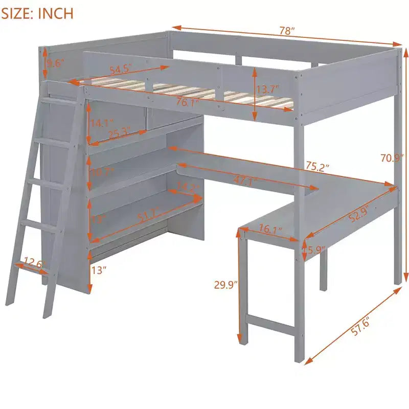 Letto a soppalco full size con scrivania e mensola, design moderno 78L x 57.6W, stabile e sicuro