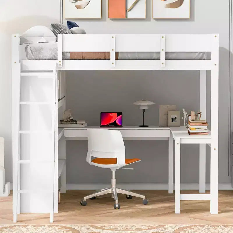 Letto a soppalco full size con scrivania e mensola, design moderno 78L x 57.6W, stabile e sicuro