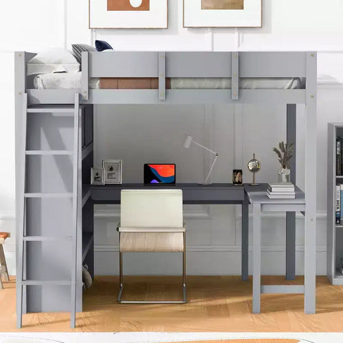 Lit mezzanine pleine grandeur au design moderne avec bureau et étagère, 78L x 57,6W, stable et sûr