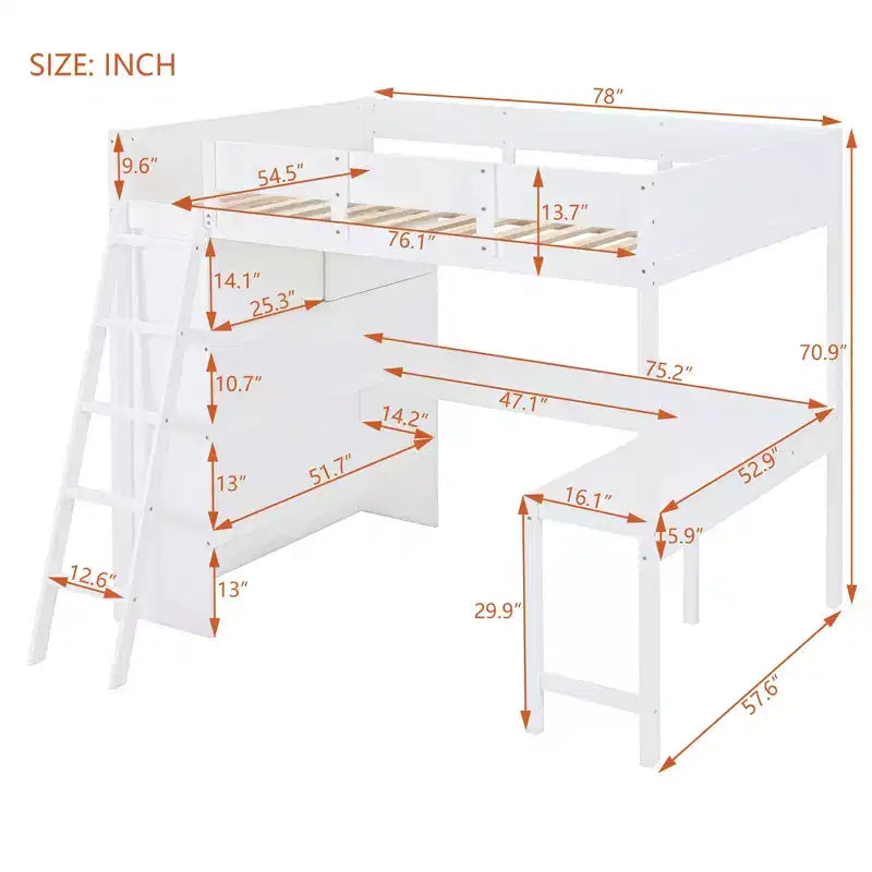 Letto a soppalco full size con scrivania e mensola, design moderno 78L x 57.6W, stabile e sicuro