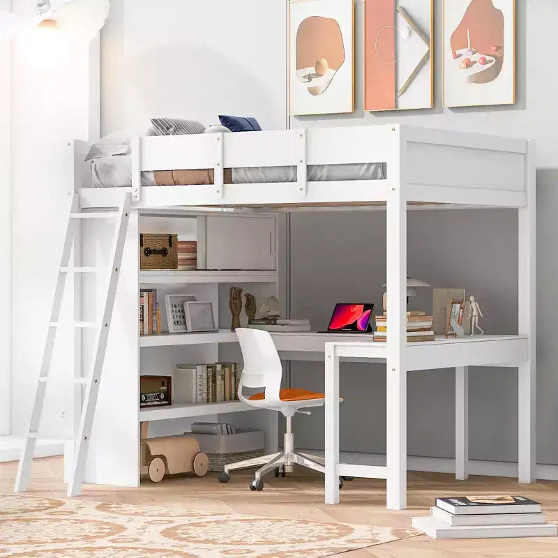 78L x 57.6W Morden Design Full Size Loft Bed with Desk and Shelf, Stable and Safety