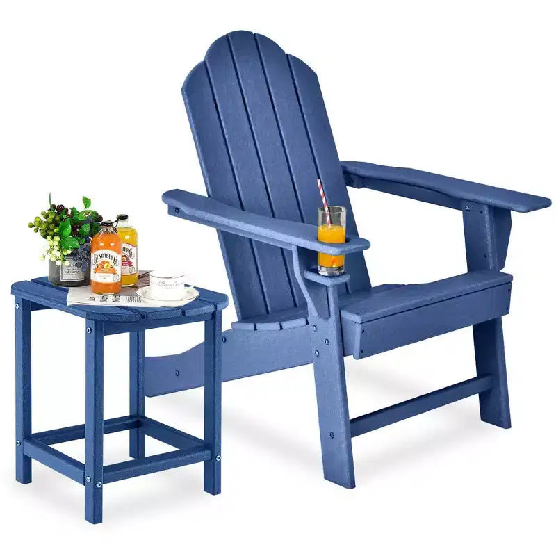 Costway 2 pz Tavolino da Giardino Adirondack in HDPE Resistente alle Intemperie con Portabicchieri Blu Marino/Bianco
