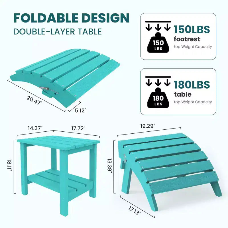 Set da conversazione per esterno a 5 pezzi con 2 pouf pieghevoli, tavolino d'appoggio a due livelli e 2 sedie Adirondack da giardino in plastica regolabili