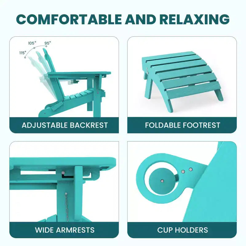 Set da conversazione per esterno a 5 pezzi con 2 pouf pieghevoli, tavolino d'appoggio a due livelli e 2 sedie Adirondack da giardino in plastica regolabili