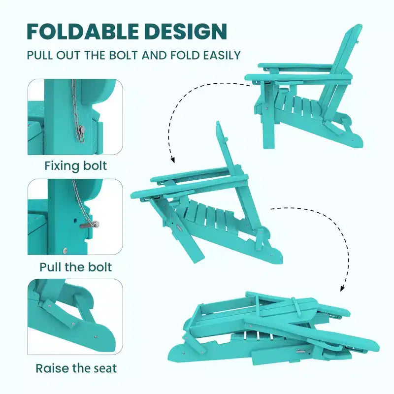 Set da conversazione per esterno a 5 pezzi con 2 pouf pieghevoli, tavolino d'appoggio a due livelli e 2 sedie Adirondack da giardino in plastica regolabili