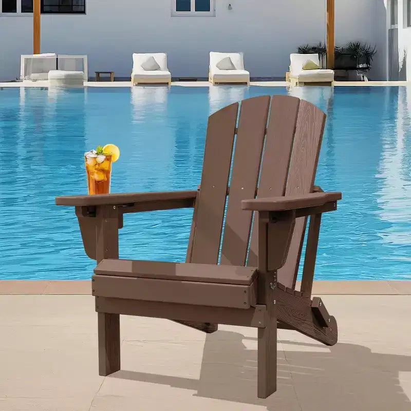 Set da conversazione per esterno a 5 pezzi con 2 pouf pieghevoli, tavolino d'appoggio a due livelli e 2 sedie Adirondack da giardino in plastica regolabili
