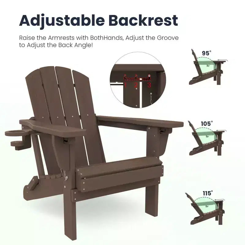 Set da conversazione per esterno a 5 pezzi con 2 pouf pieghevoli, tavolino d'appoggio a due livelli e 2 sedie Adirondack da giardino in plastica regolabili