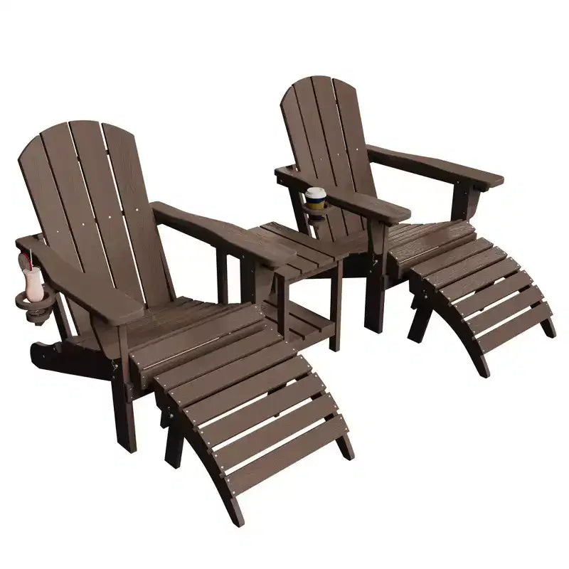 Set da conversazione per esterno a 5 pezzi con 2 pouf pieghevoli, tavolino d'appoggio a due livelli e 2 sedie Adirondack da giardino in plastica regolabili