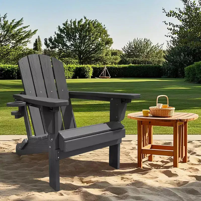 Set da conversazione per esterno a 5 pezzi con 2 pouf pieghevoli, tavolino d'appoggio a due livelli e 2 sedie Adirondack da giardino in plastica regolabili