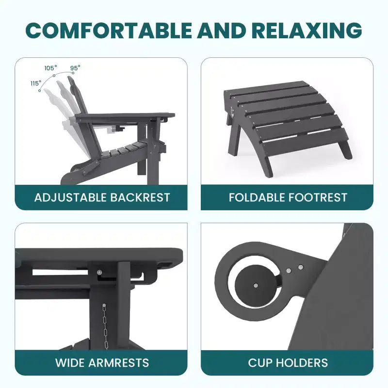 Set da conversazione per esterno a 5 pezzi con 2 pouf pieghevoli, tavolino d'appoggio a due livelli e 2 sedie Adirondack da giardino in plastica regolabili