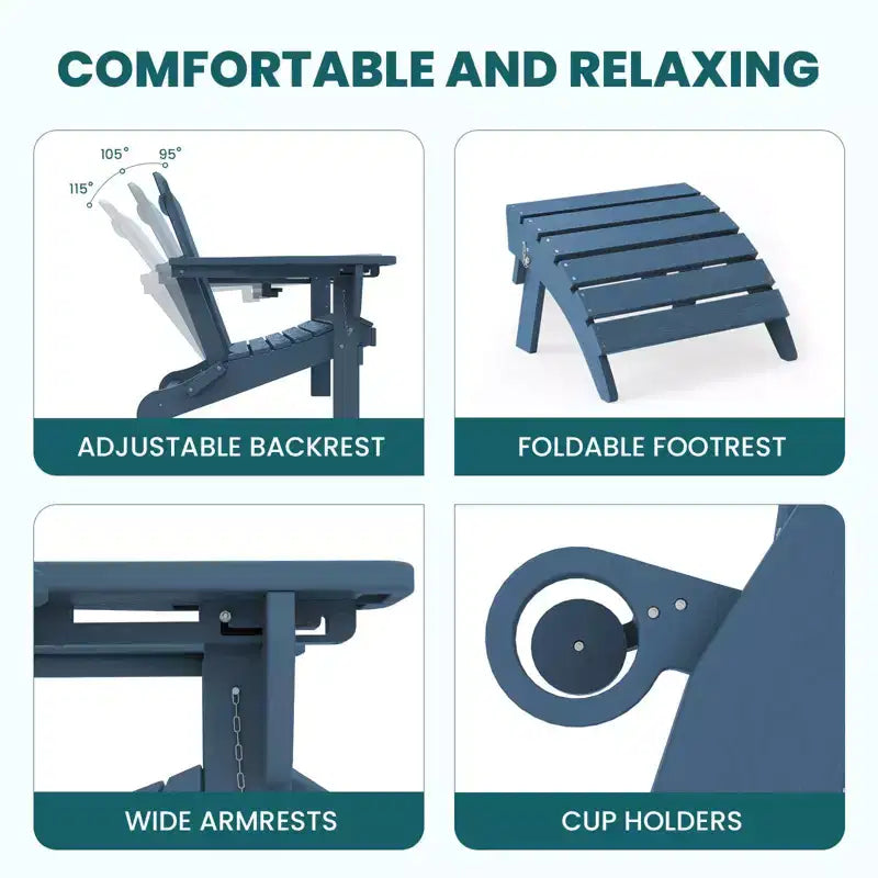 Set da conversazione per esterno a 5 pezzi con 2 pouf pieghevoli, tavolino d'appoggio a due livelli e 2 sedie Adirondack da giardino in plastica regolabili