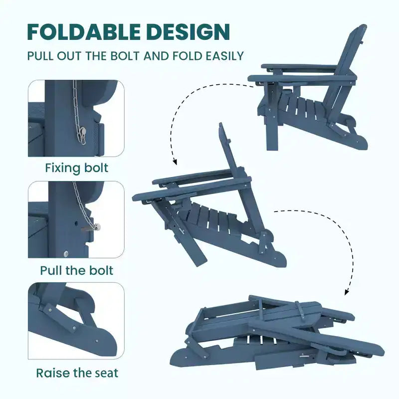 Set da conversazione per esterno a 5 pezzi con 2 pouf pieghevoli, tavolino d'appoggio a due livelli e 2 sedie Adirondack da giardino in plastica regolabili