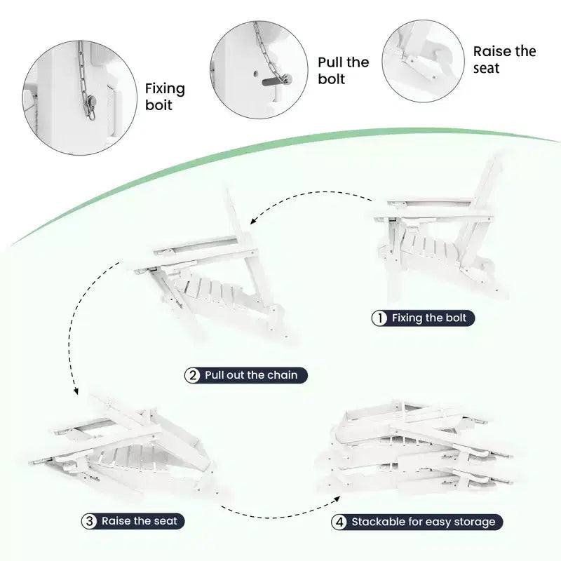 Set da conversazione per esterno a 5 pezzi con 2 pouf pieghevoli, tavolino d'appoggio a due livelli e 2 sedie Adirondack da giardino in plastica regolabili