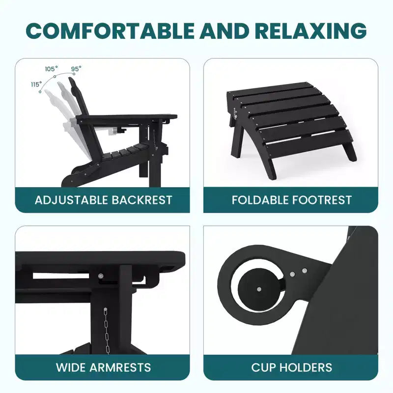 Set da conversazione per esterno a 5 pezzi con 2 pouf pieghevoli, tavolino d'appoggio a due livelli e 2 sedie Adirondack da giardino in plastica regolabili