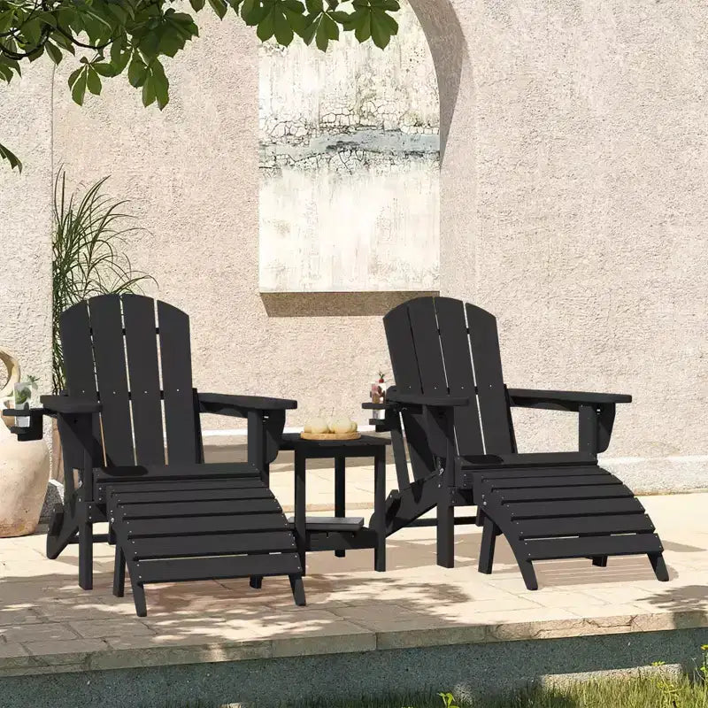Outdoor 5-Piece Patio Conversation Set with 2 Folding Ottomans,Double-Tier End Side Table and 2 Adjustable Plastic Patio Adirondack Chairs