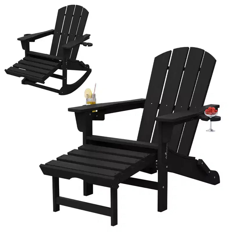 Sedia a Dondolo Adirondack con Poggiapiedi Retraibile e Portabicchieri, Sedia Pieghevole Adirondack in HDPE per Tutte le Condizioni Atmosferiche, Sedia da Pozzo del Fuoco per Verande, Patii