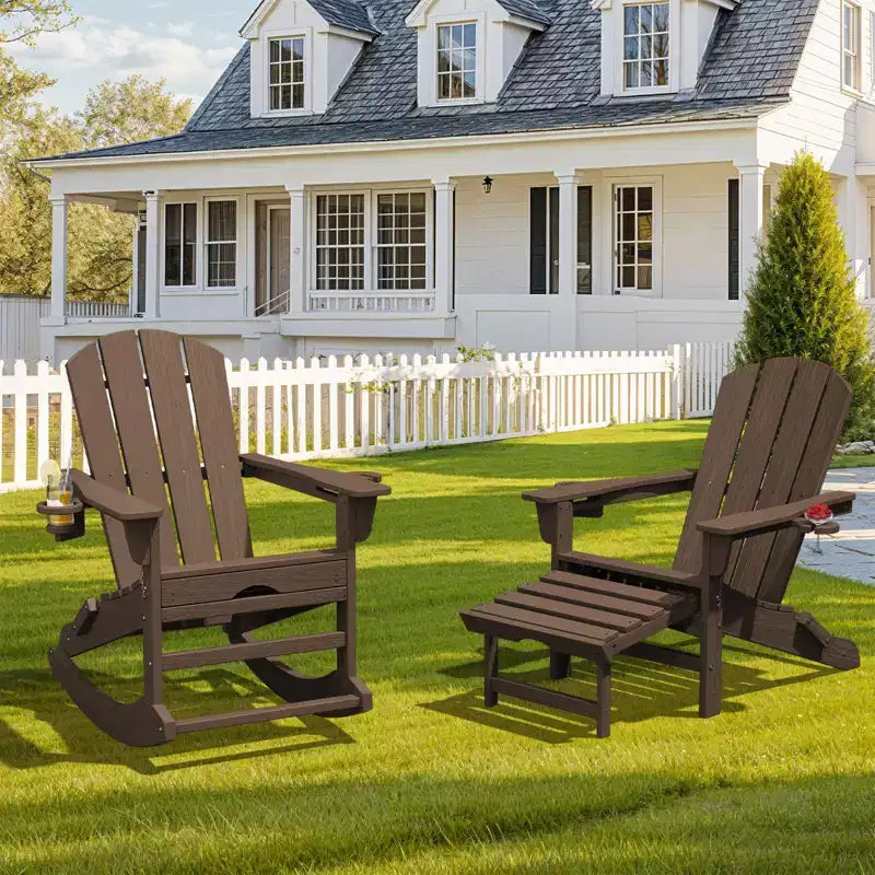 Sedia a Dondolo Adirondack con Poggiapiedi Retraibile e Portabicchieri, Sedia Pieghevole Adirondack in HDPE per Tutte le Condizioni Atmosferiche, Sedia da Pozzo del Fuoco per Verande, Patii