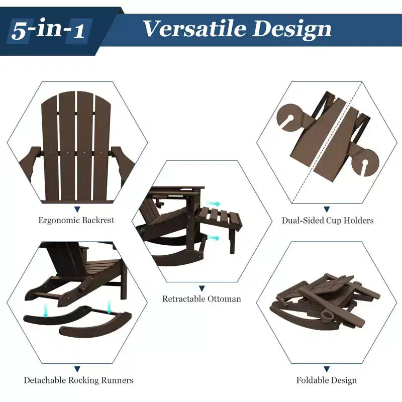 Sedia a Dondolo Adirondack con Poggiapiedi Retraibile e Portabicchieri, Sedia Pieghevole Adirondack in HDPE per Tutte le Condizioni Atmosferiche, Sedia da Pozzo del Fuoco per Verande, Patii