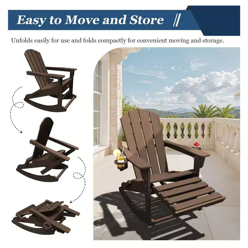 Sedia a Dondolo Adirondack con Poggiapiedi Retraibile e Portabicchieri, Sedia Pieghevole Adirondack in HDPE per Tutte le Condizioni Atmosferiche, Sedia da Pozzo del Fuoco per Verande, Patii
