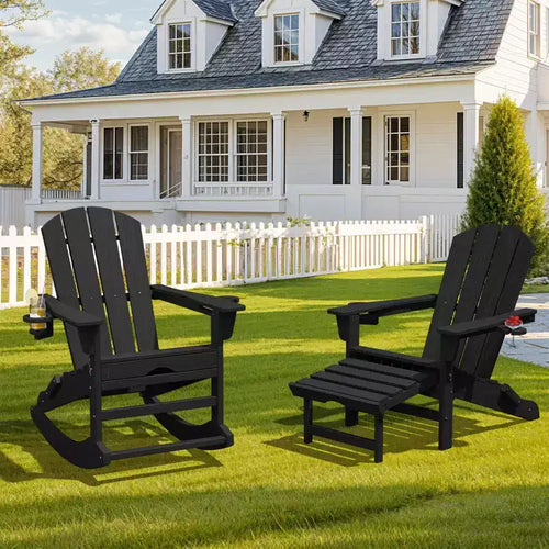 Sedia a Dondolo Adirondack con Poggiapiedi Retraibile e Portabicchieri, Sedia Pieghevole Adirondack in HDPE per Tutte le Condizioni Atmosferiche, Sedia da Pozzo del Fuoco per Verande, Patii