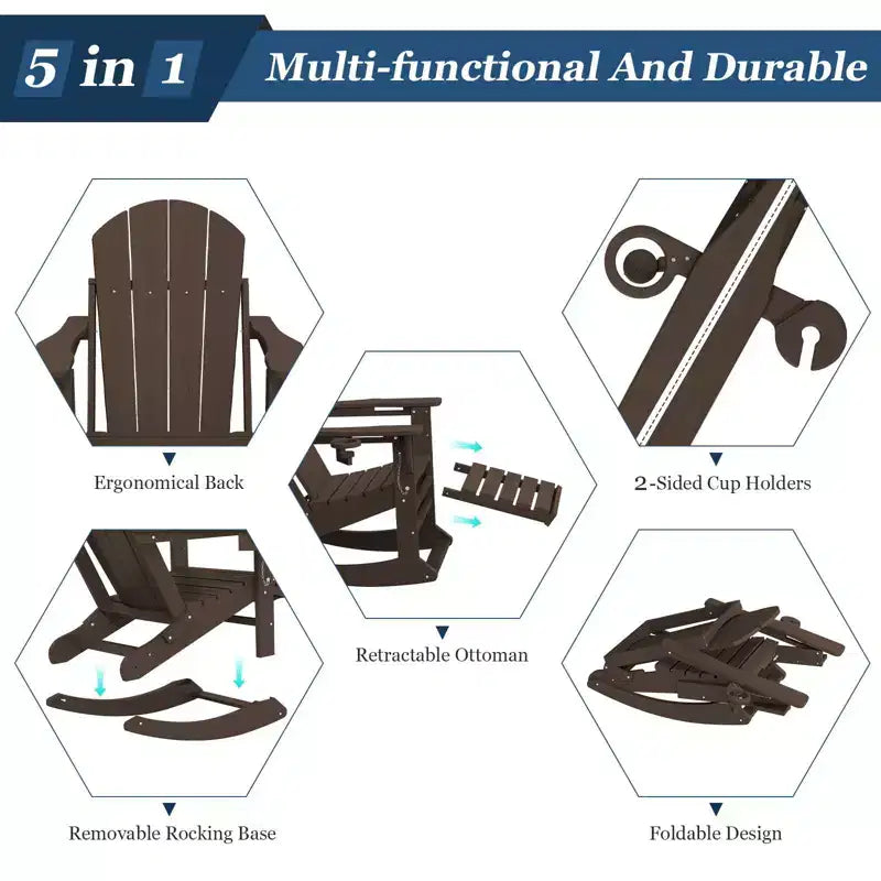 Sedia a Dondolo Adirondack con Poggiapiedi Retraibile e Portabicchieri, Sedia Pieghevole Adirondack in HDPE per Tutte le Condizioni Atmosferiche, Sedia da Pozzo del Fuoco per Verande, Patii