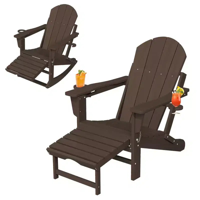 Sedia a Dondolo Adirondack con Poggiapiedi Retraibile e Portabicchieri, Sedia Pieghevole Adirondack in HDPE per Tutte le Condizioni Atmosferiche, Sedia da Pozzo del Fuoco per Verande, Patii