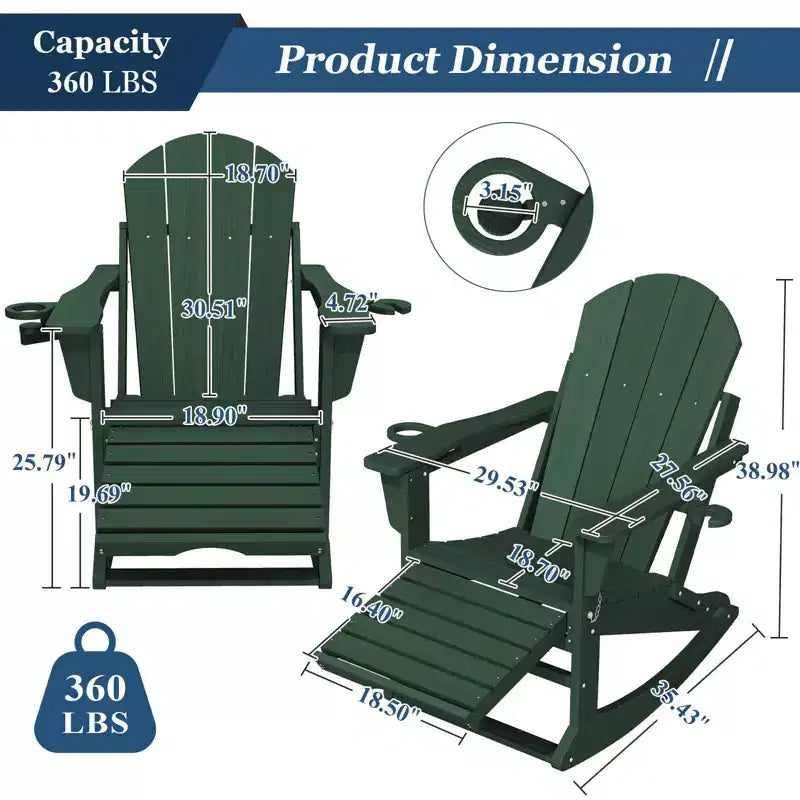 Sedia a Dondolo Adirondack con Poggiapiedi Retraibile e Portabicchieri, Sedia Pieghevole Adirondack in HDPE per Tutte le Condizioni Atmosferiche, Sedia da Pozzo del Fuoco per Verande, Patii