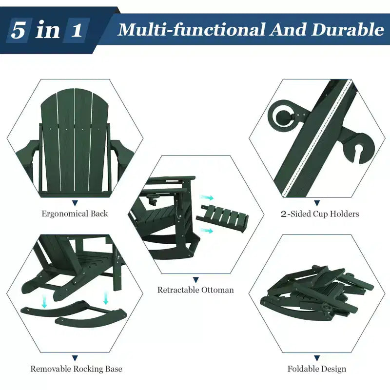 Sedia a Dondolo Adirondack con Poggiapiedi Retraibile e Portabicchieri, Sedia Pieghevole Adirondack in HDPE per Tutte le Condizioni Atmosferiche, Sedia da Pozzo del Fuoco per Verande, Patii