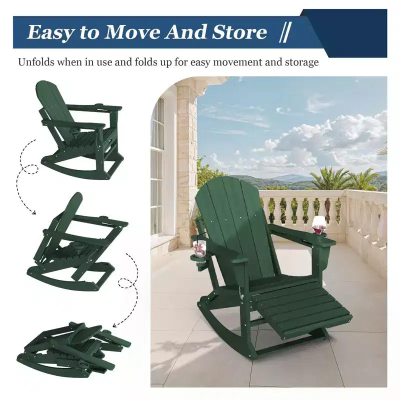 Sedia a Dondolo Adirondack con Poggiapiedi Retraibile e Portabicchieri, Sedia Pieghevole Adirondack in HDPE per Tutte le Condizioni Atmosferiche, Sedia da Pozzo del Fuoco per Verande, Patii