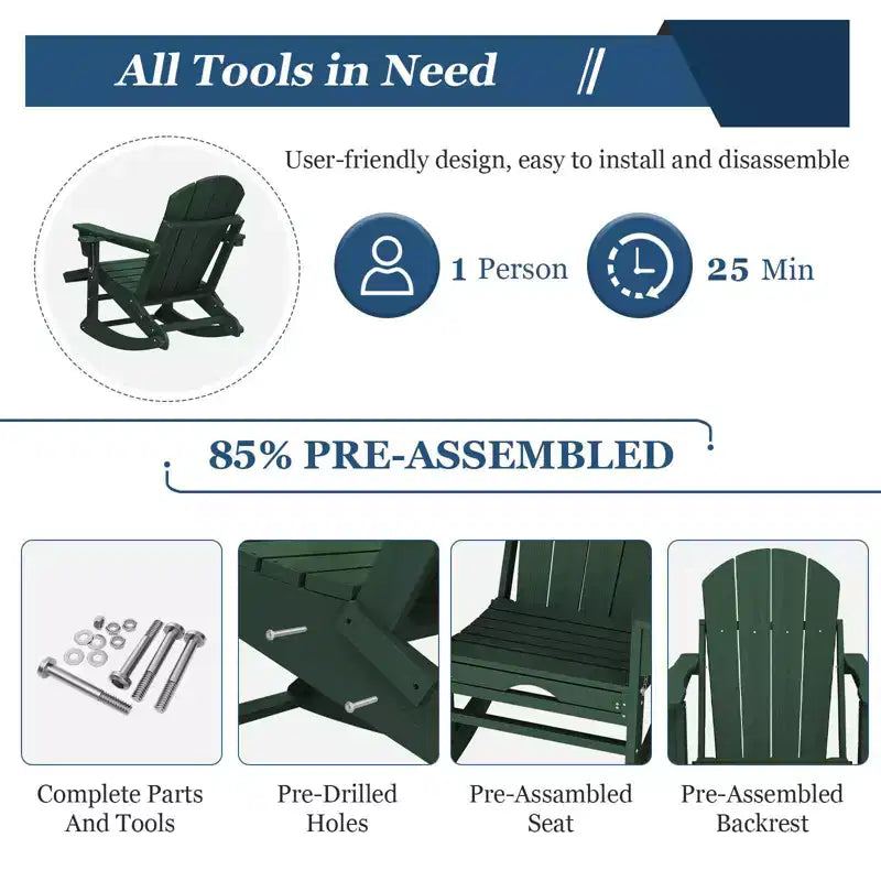 Sedia a Dondolo Adirondack con Poggiapiedi Retraibile e Portabicchieri, Sedia Pieghevole Adirondack in HDPE per Tutte le Condizioni Atmosferiche, Sedia da Pozzo del Fuoco per Verande, Patii