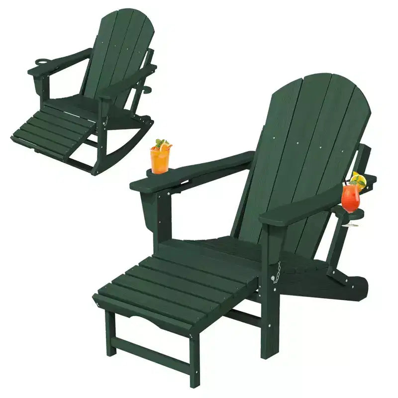 Sedia a Dondolo Adirondack con Poggiapiedi Retraibile e Portabicchieri, Sedia Pieghevole Adirondack in HDPE per Tutte le Condizioni Atmosferiche, Sedia da Pozzo del Fuoco per Verande, Patii