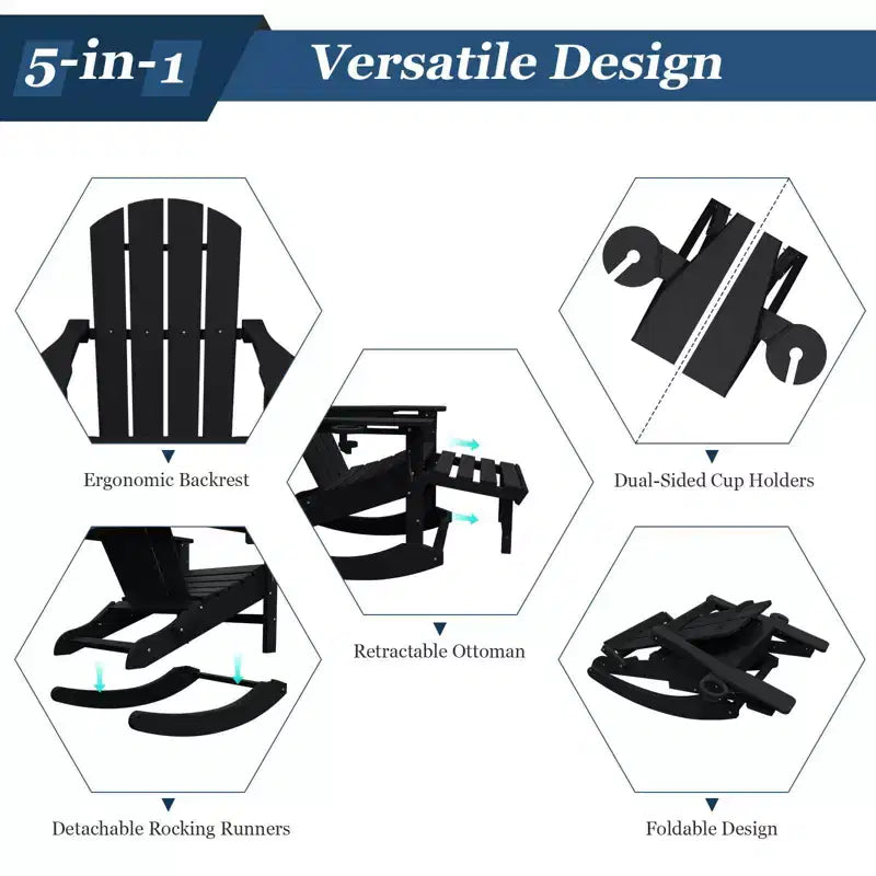 Sedia a Dondolo Adirondack con Poggiapiedi Retraibile e Portabicchieri, Sedia Pieghevole Adirondack in HDPE per Tutte le Condizioni Atmosferiche, Sedia da Pozzo del Fuoco per Verande, Patii