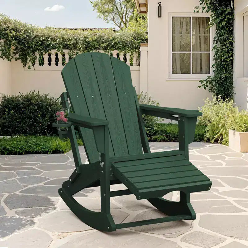 Sedia a Dondolo Adirondack con Poggiapiedi Retraibile e Portabicchieri, Sedia Pieghevole Adirondack in HDPE per Tutte le Condizioni Atmosferiche, Sedia da Pozzo del Fuoco per Verande, Patii