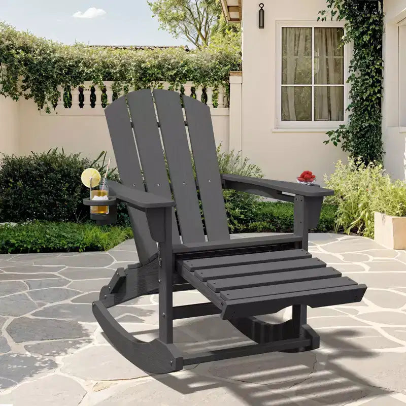 Sedia a Dondolo Adirondack con Poggiapiedi Retraibile e Portabicchieri, Sedia Pieghevole Adirondack in HDPE per Tutte le Condizioni Atmosferiche, Sedia da Pozzo del Fuoco per Verande, Patii