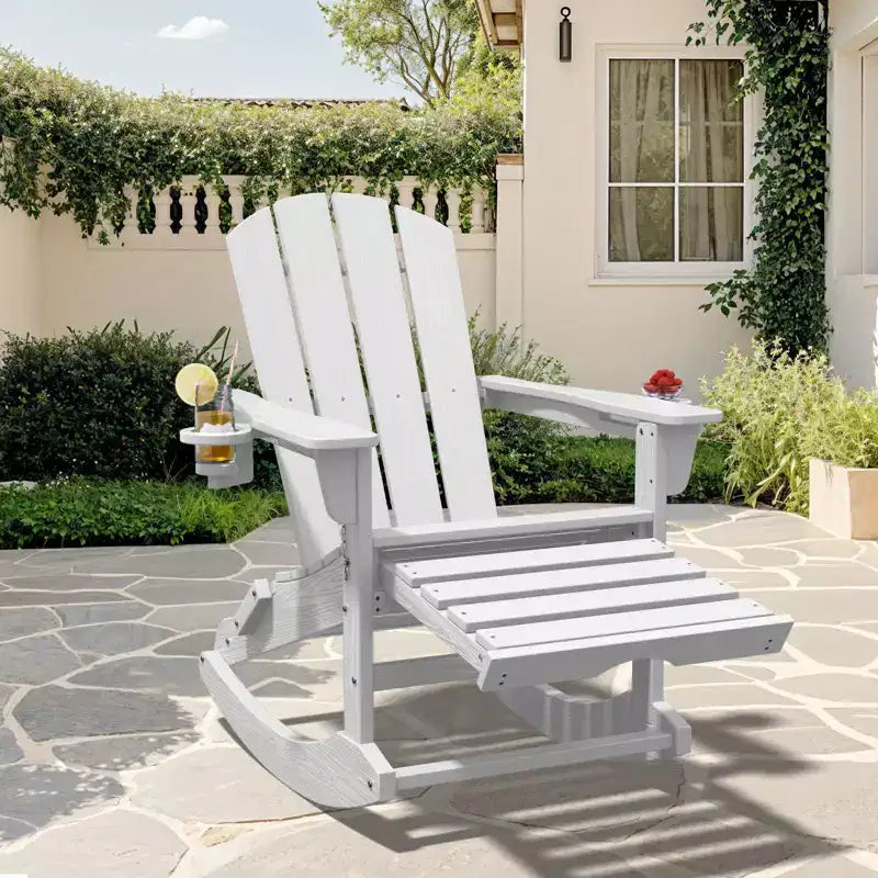 Sedia a Dondolo Adirondack con Poggiapiedi Retraibile e Portabicchieri, Sedia Pieghevole Adirondack in HDPE per Tutte le Condizioni Atmosferiche, Sedia da Pozzo del Fuoco per Verande, Patii