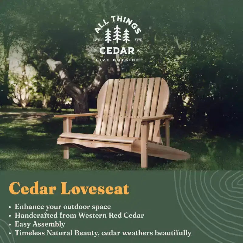 All Things Cedar Sedia da giardino artigianale a due posti Adirondack in legno, comoda seduta per esterni per terrazze e patii, finitura naturale