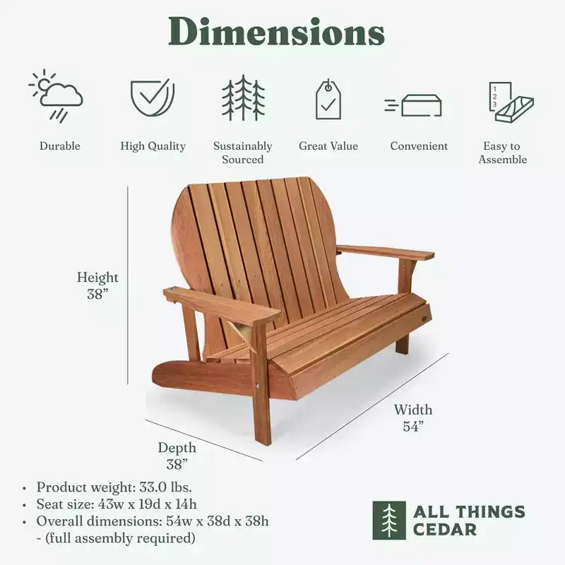 All Things Cedar Sedia da giardino artigianale a due posti Adirondack in legno, comoda seduta per esterni per terrazze e patii, finitura naturale