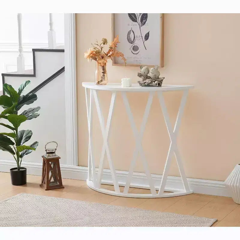 Consolle in legno a mezza luna Vienna per ingresso, tavolo da divano d'accento con design a X per soggiorno, corridoio, atrio, ingresso