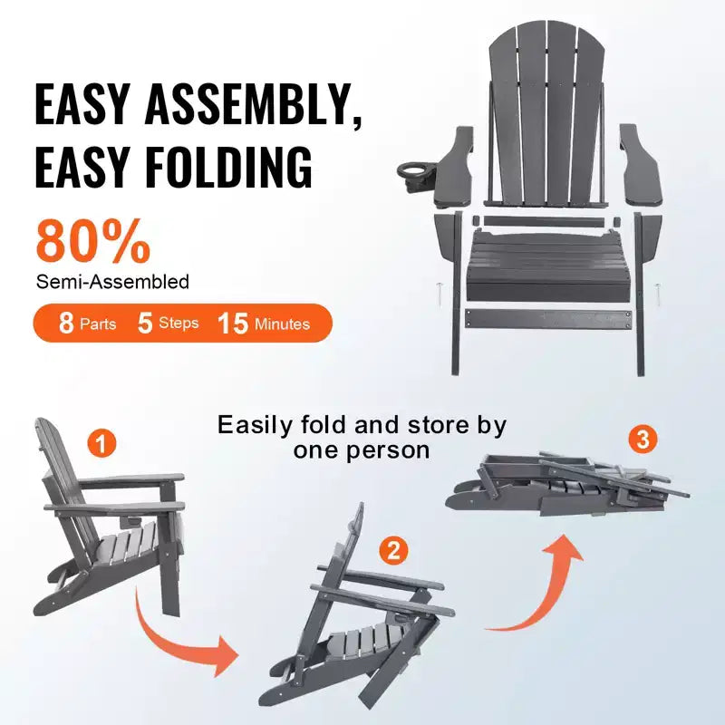 VEVOR Sedia Adirondack in plastica, set di 2 sedie pieghevoli portatili per focolare, resistenti a tutte le condizioni atmosferiche, sedia Adirondack da esterno per patio con portabicchieri