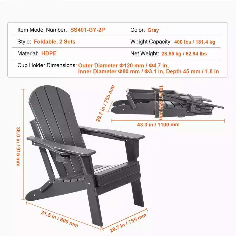 VEVOR Sedia Adirondack in plastica, set di 2 sedie pieghevoli portatili per focolare, resistenti a tutte le condizioni atmosferiche, sedia Adirondack da esterno per patio con portabicchieri