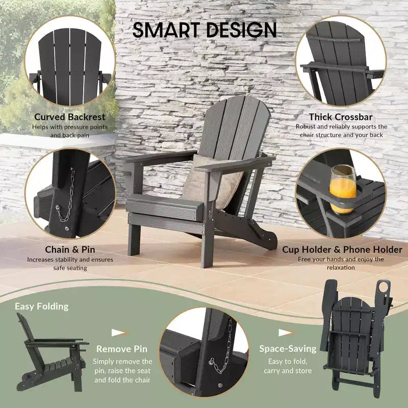 WestinTrends Nantucket Sedie Pieghevoli Adirondack da Esterno in Resina HDPE con Portabicchieri e Portacellulare (Set da Quattro)
