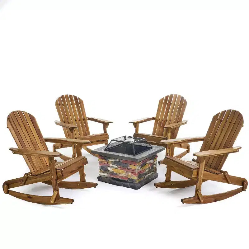 Christopher Knight Home Hermes Set da 5 Pezzi con Poltrona a Dondolo Adirondack e Braciere in Legno di Acacia per Esterni