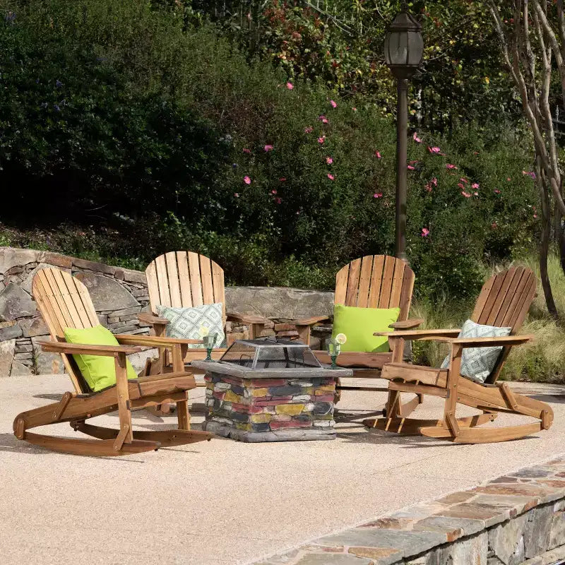 Christopher Knight Home Hermes, ensemble de 5 pièces pour extérieur, fauteuils à bascule Adirondack en bois d'acacia et foyer