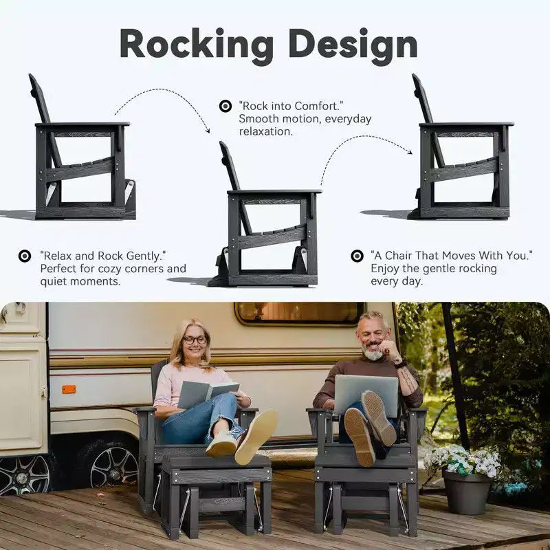 Hyleory Sedia a Dondolo Adirondack in HDPE con Pouf - Arredo Esterno per Patio Resistente alle Intemperie, Finitura Effetto Legno Durevole, Seduta Ergonomica