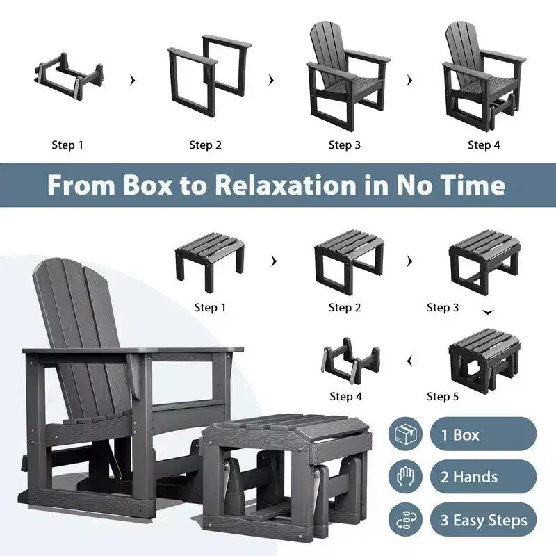 Hyleory Sedia a Dondolo Adirondack in HDPE con Pouf - Arredo Esterno per Patio Resistente alle Intemperie, Finitura Effetto Legno Durevole, Seduta Ergonomica